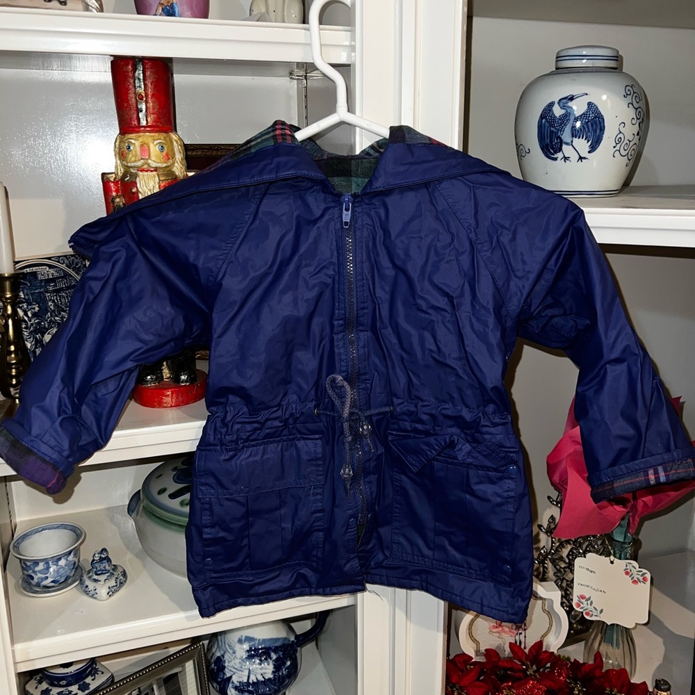 Vintage 80s Carter's Navy Blue and tartan lined Raincoat for Kids
